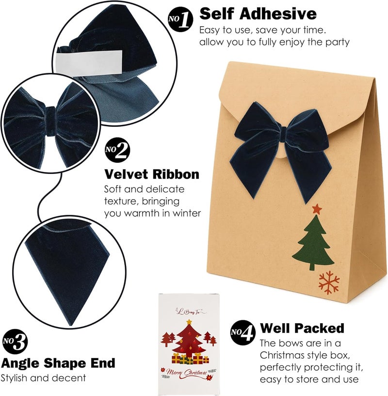 LiBongTa 3.5" Navy Blue Bows Velvet Ribbon Bow with Self Adhesive, Small Gift Bows Decor, Dark Blue Christmas Bows for Treat Bag, Candy Pop, Basket, Party Favor, Craft Bow for Gift Wrapping-24 PCs - Image 3